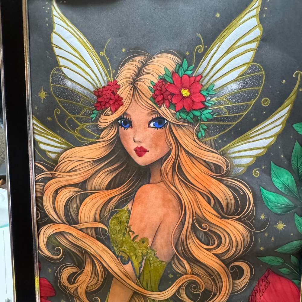 Fairy Art Drawing with Blonde Hair and Red Flowers
